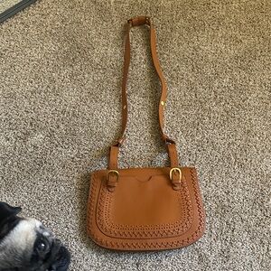 Women’s Cognac Braided Trim Crossbody Saddle Bag